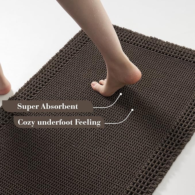 RESARE Waffle Bath Mat, Super Absorbent Non Slip, Machine Washable, Ultra Soft Boho Bath Rugs with Tassels, Upgraded Bordered Design, 17"x24" Chocolate Brown