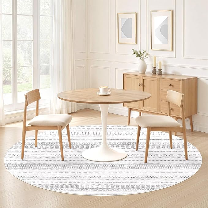 Nakagishi Round Rug Boho Area Rugs: 6x6 Washable Large Circle Neutral Soft Stain Resistant Non-Slip Carpet for Women Aged 25-45 Farmhouse Decor Enthusiasts - Living Room Bedroom Dining Room Nursery