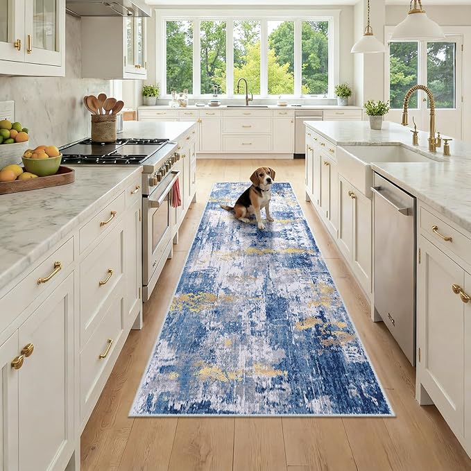Washable Area Rugs 2'6''x8 Non-Slip Modern Abstract Soft for Living Room Entryway Bedroom Nursery, Print Pattern, Grey Blue Gold/Golden
