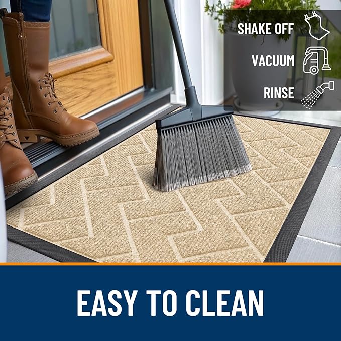 OLANLY Front Door Mat Indoor Outdoor Entrance, Waterproof All-Season, All-Weather Doormat, Sturdy Natural Rubber, Low Profile, Easy Clean Patio Porch Entryway Mat, Herringbone Brick (Beige, 71x23)