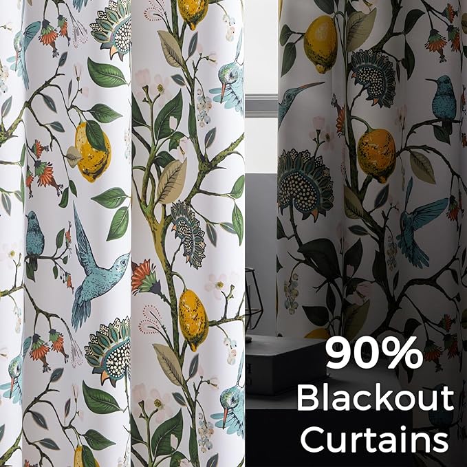 Topfinel 90 Inches Long Custom Window Curtains, Unique Chinoiserie Safari Floral Hummingbird Plant Lemon Patterned Extra Wide Noise Dampening Grommet White Satin Shabby Chic Drapes for Living Room