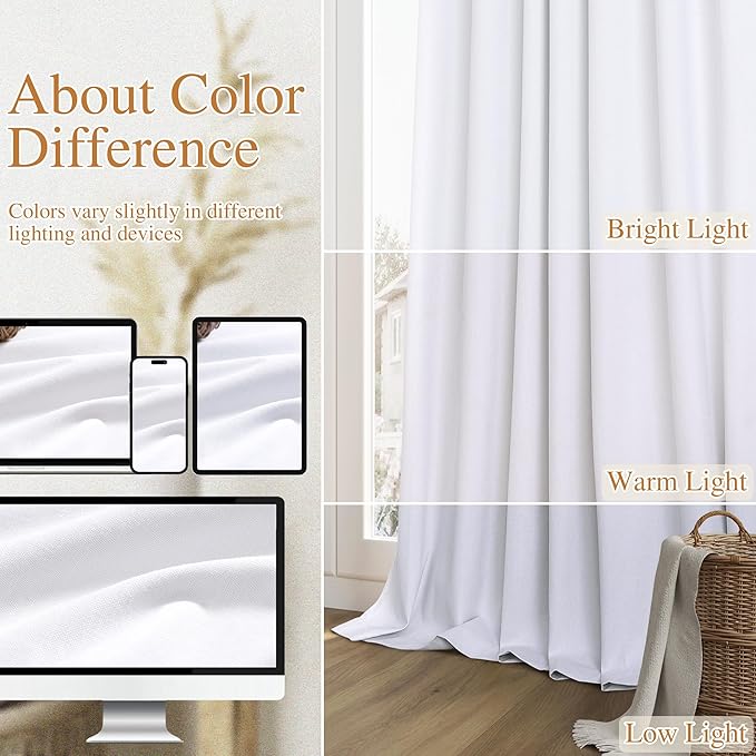 Guken White 100% Blackout Linen Curtains 144 Inch Length 2 Panels Set for Living Room Bedroom Back Tab Thermal Insulated Black Out Drapes Room Darkening Window Curtains