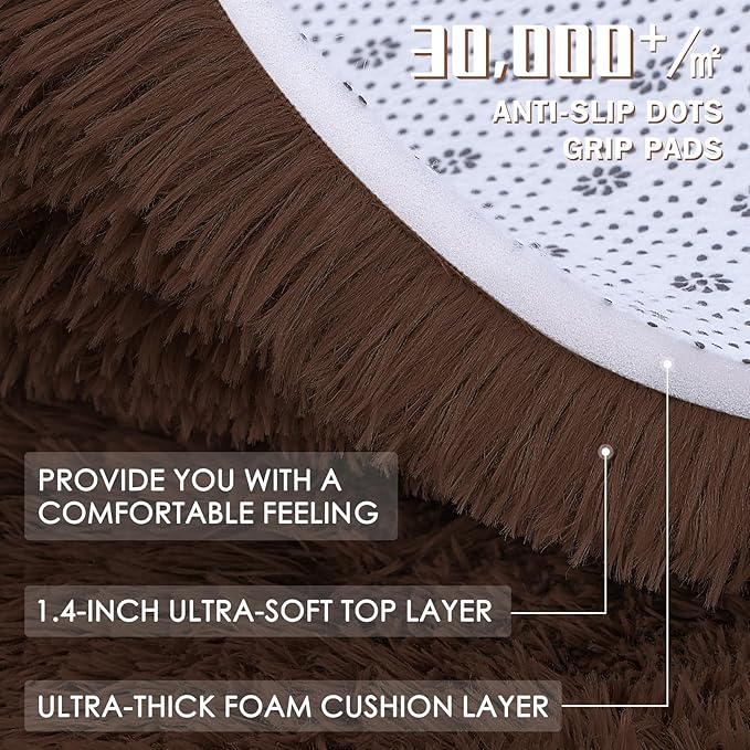 OLANLY Coffee Round Rugs for Bedroom - Machine Washable, 8 ft Circle Area Rugs for Living Room, Soft and Fluffy Shaggy Carpet for Teen Girls and Boys, Nursery Rooms, Dorms, Home Decor Aesthetic