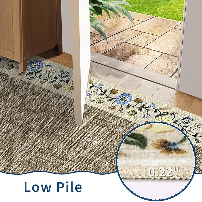 GarveeHome Entryway Rug 2x6 Modern Bordered Runner Rug Washable Kitchen Runners for Hallway Non-Slip Low-Pile Soft Carpet Floral Print Bathroom Mat for Bedroom Laundry Room, Dark Camel