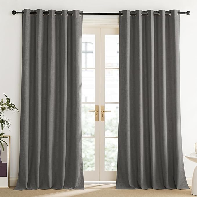 NICETOWN Grizzle Gray Vintage Linen 100% Blackout Curtains for Living Room, Thermal Insulated Curtains 95“ Long, Noise Reducing Window Treatment Drapes for Home Office, 62" Wide Per Panel, Set of 2