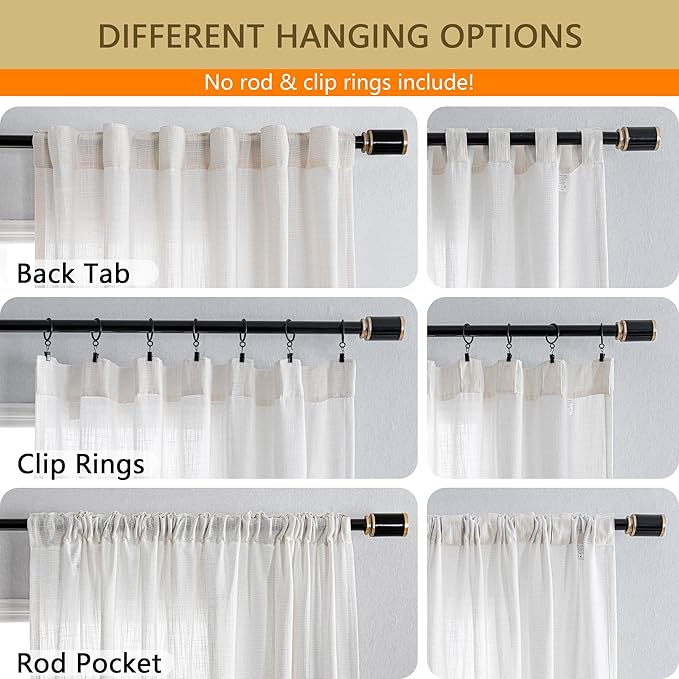 MYSKY HOME Natural Linen White Curtains 84 Inches Long, Semi Sheer Soft Cotton Window Drapes Set for Living Room Back Tab Elegant Cute Look Country Bedroom Curtains, Beige White, 100" x 84", Pack-1