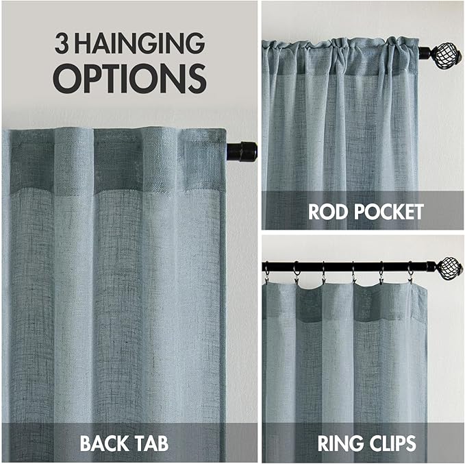 MIULEE Dusty Blue Linen Curtains 96 Inch Long 2 Panels for Bedroom Living Room, Soft Thick Linen Textured Window Drapes Semi Sheer Light Filtering Rod Pocket Back Tab Light Blue Burlap Look Decor