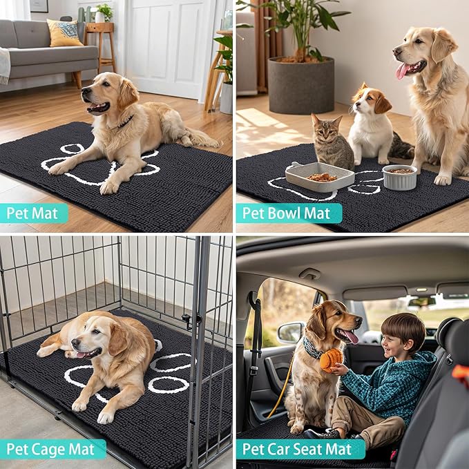Smiry Dog Door Mat for Muddy Paws, Absorbent Dirt Trapper Non Slip Quick Dry Washable Chenille Mat for Mud Dogs, Entry Rug for Indoor and Outdoor (59x32 Inches, Black and White)