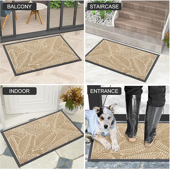 Colorxy Waterproof Doormat, Sturdy Natural Rubber Front Indoor Mat, Non Slip Low Profile Indoor Outdoor Door Mats, Stain and Fade Resistant Floor Mat, Easy Clean Patio Entrance Mat, 30''x17'', Beige