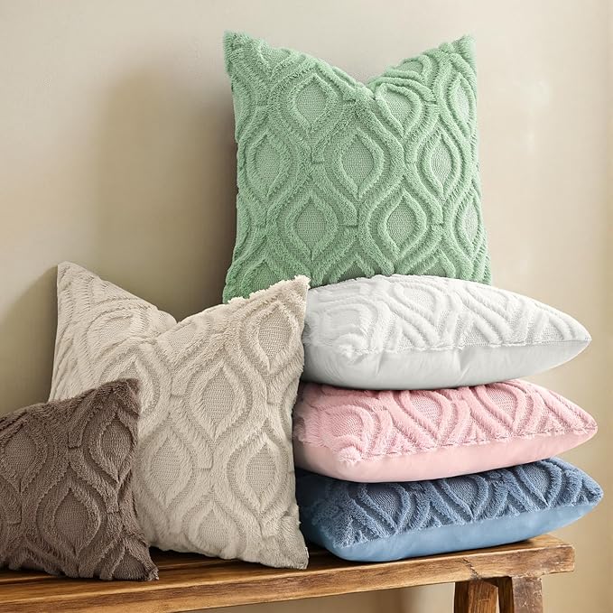 decorUhome Throw Pillow Covers 18x18 Inch Set of 2, Soft Plush Faux Wool Beige Solid Couch Pillow Covers, Accent Farmhouse Neutral Square Pillow Cases for Sofa Bed Living Room