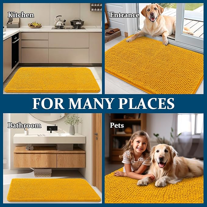 OLANLY Dog Door Mat for Muddy Paws 47x24, Absorbs Moisture and Dirt, Absorbent Non-Slip Washable Doormat, Quick Dry Chenille Mud Mat, Entry Indoor Entryway Carpet for Inside Floor, Golden Yellow