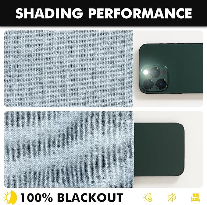 MIULEE 100% Blackout Linen Curtains for Bedroom, Chambray Blue Solid Luxury Decor Thermal Insulation Room Darkening Drapes for Living Room Nursery Back Tab Rod Pocket 42 x 90 Inches, 2 Panels