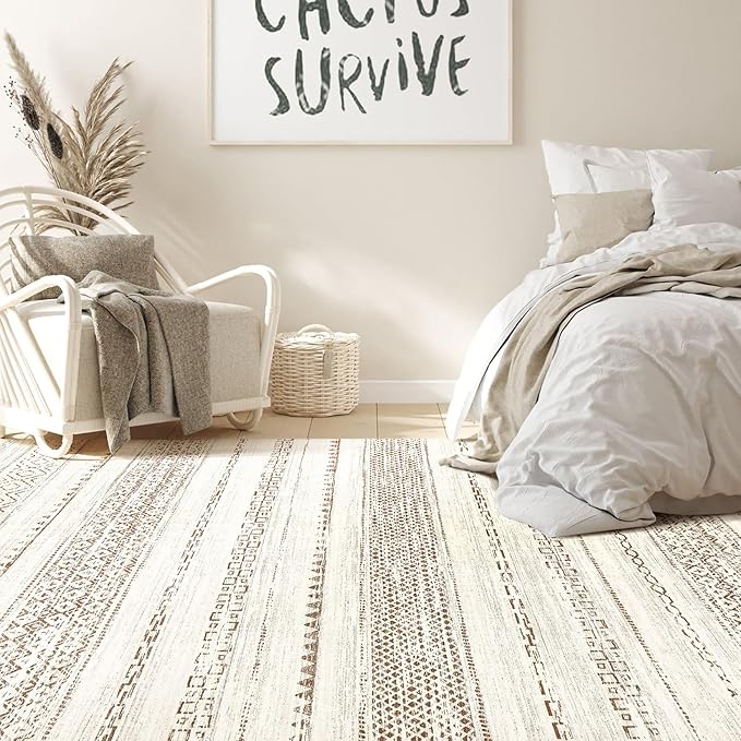 Nakagishi 6x8 Area Rug Living Room: Washable Boho Large Neutral Modern Soft Farmhouse Rugs Stain Resistant Indoor Floor Non-Slip Carpet for Bedroom Nursery Kids Playroom Office Dining Room- Brown