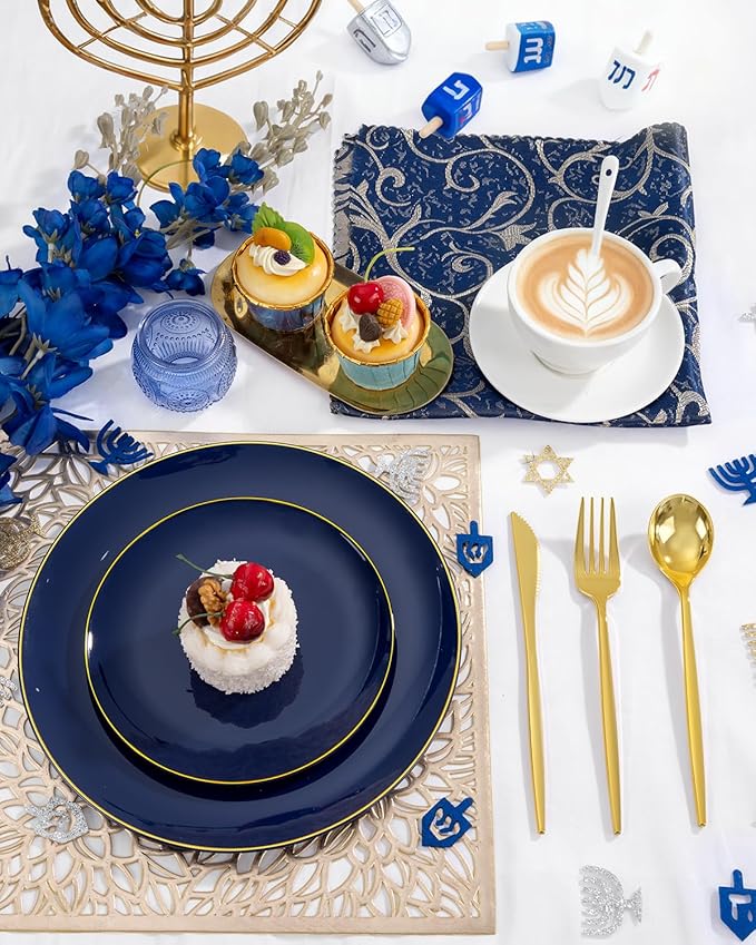 bUCLA 150PCS Blue and Gold Plastic Plates - 25 Guests Navy Blue Plastic Dinnerware Disposable for Party and Hanukkah - Include 25 Dinner/Dessert Plates, 25 Knives, 25 Forks, 25 Spoons, 25 Cups
