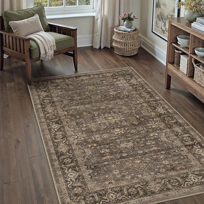 4x5 Washable Area Rug for Living Room Bedroom Vintage Brown Soft Low Pile Carpet Traditional Retro Non Slip Throw Rug for Dining Room Entryway Indoor Dorm Kitchen