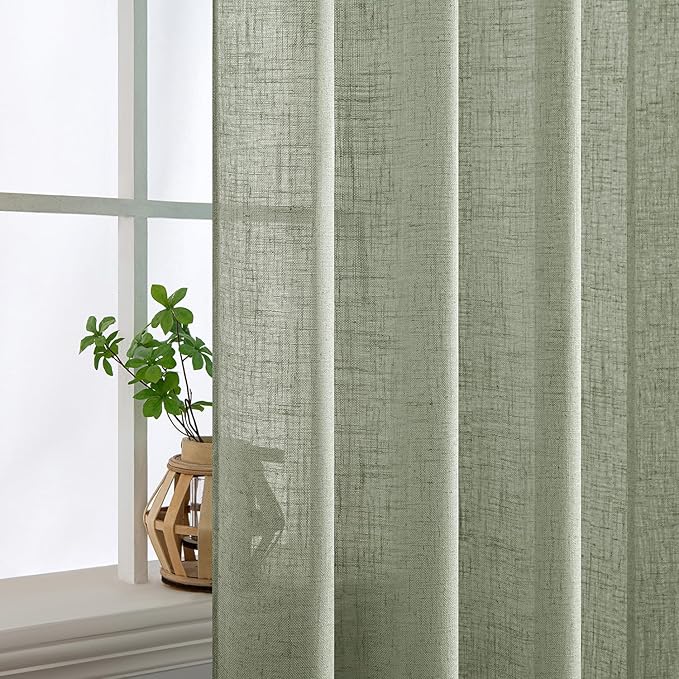 MIULEE Sage Linen Curtains 90 Inch Length 2 Panels for Bedroom Living Room,Green Soft Thick Linen Textured Window Drapes Semi Sheer Light Filtering Back Tab Rod Pocket Burlap Look Decor