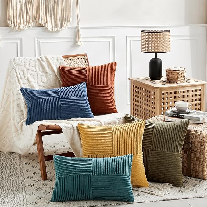 Fancy Homi 2 Packs Olive Green Samll Decorative Throw Pillow Covers 12x12 Inch with for Couch Bed Sofa, Rustic Farmhouse Boho Home Decor, Soft Corss Patchwork Corduroy Square Cushion Case 30x30 cm