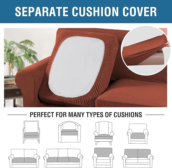 H.VERSAILTEX 4 Piece Stretch Sofa Covers for 3 Cushion Couch Covers Furniture Slipcovers for Living Room (1 Base Cover Plus 3 Seat Cushion Covers) Thicker Jacquard Fabric Cover (XL Sofa, Rust)