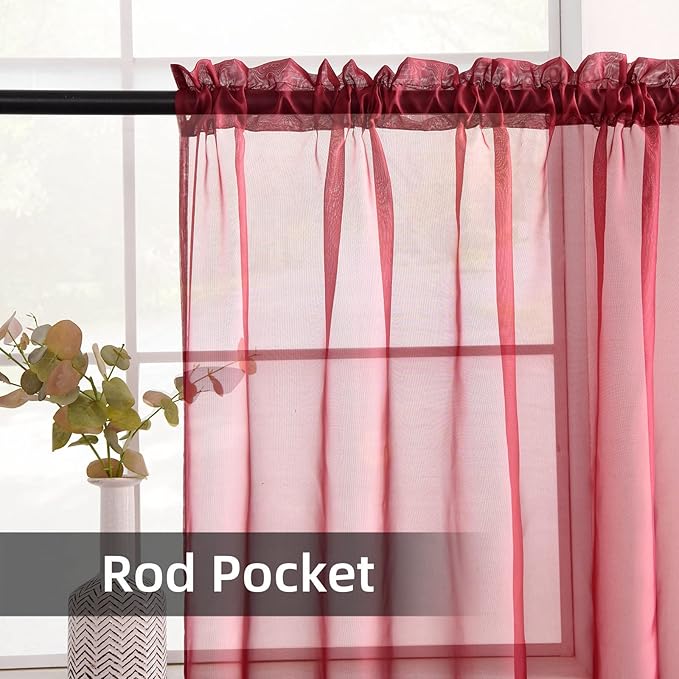 youleyar Solid Sheer Rod Pocket Curtain Voile Draperies 2 Panels White Beige Black Grey Coffee 52 Inch Width 108 Inch Long 1 Pair for Kitchen Bedroom Children Living Room Yard (Wine Red,52Wｘ108L)