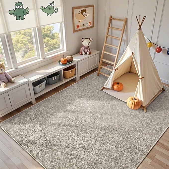 FinRèc 6x9 Washable Area Rugs for Bedroom Living Room, Low Pile Thin Rug Solid Color, Non-Slip Carpet Indoor for Home Decor (Light Tan)