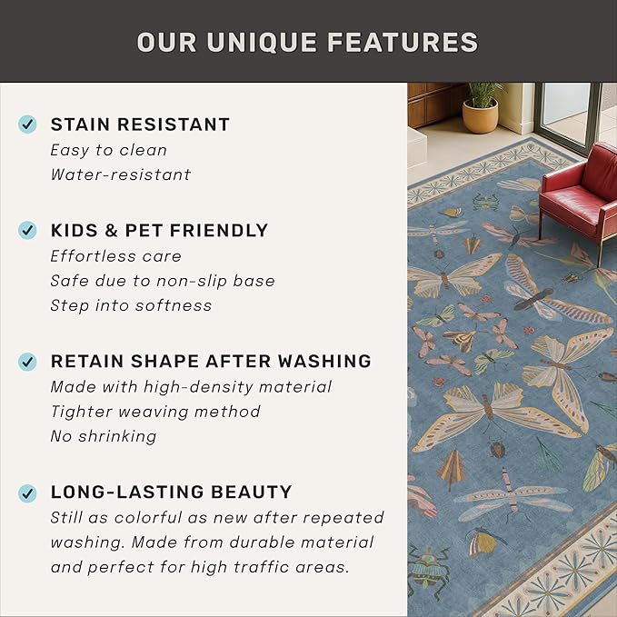 Washable 4x6 Small Rug for Living Room, Area Rug for Kitchen, Bedside, Large Entryway Indoor - Stain Resistant Non Slip with Rubber Backing, Insect Print Aethestic Décor, Light Blue & Aqua