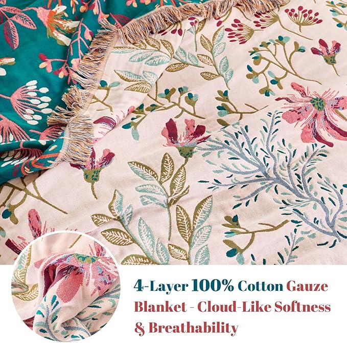 MSGKV Boho Throw Blanket for Couch 50"x60" Floral 100% Cotton Blanket Spring Breathable Lightweight Farmhouse Flower Blankets for Sofa Home Decor Muslin All Seasons