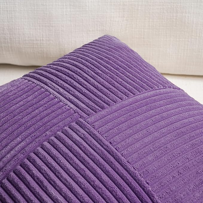Fancy Homi 2 Packs Purple Samll Decorative Throw Pillow Covers 12x12 Inch with for Living Room Couch Sofa, Rustic Farmhouse Boho Home Decor, Soft Corss Patchwork Corduroy Square Cushion Case 30x30 cm