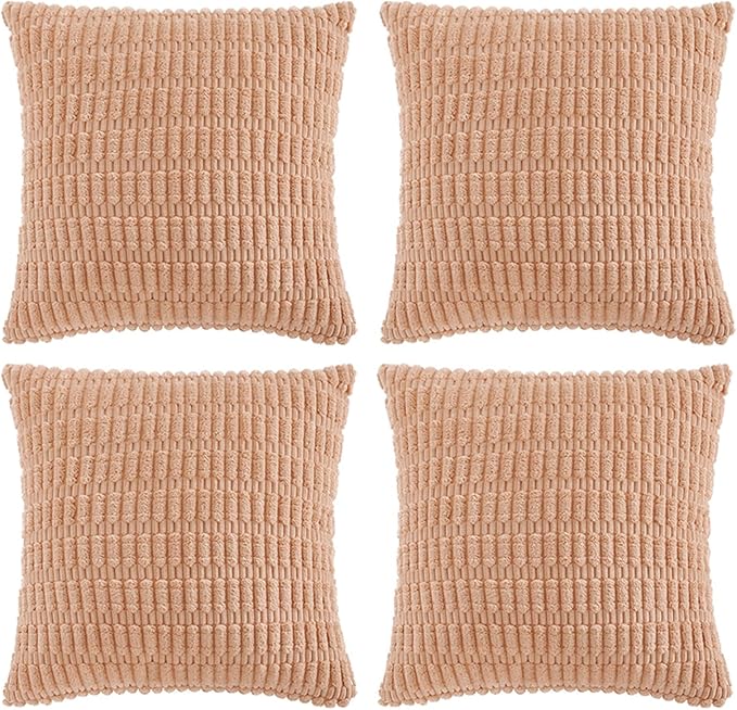 Fancy Homi 4 Packs Peach Decorative Throw Pillow Covers 16x16 Inch for Living Room Couch Bed, Rustic Modern Farmhouse Boho Home Decor, Soft Plush Corduroy Cute Square Accent Cushion Case 40x40 cm
