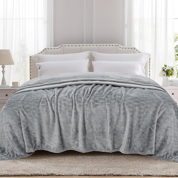 TOONOW Fleece Bed Blanket Queen Size 90x90 inches, Super Soft Fluffy Fuzzy Plush Blanket Geometric Pattern Cozy Microfiber Flannel Blankets for Couch, Bed, Sofa, Light Grey