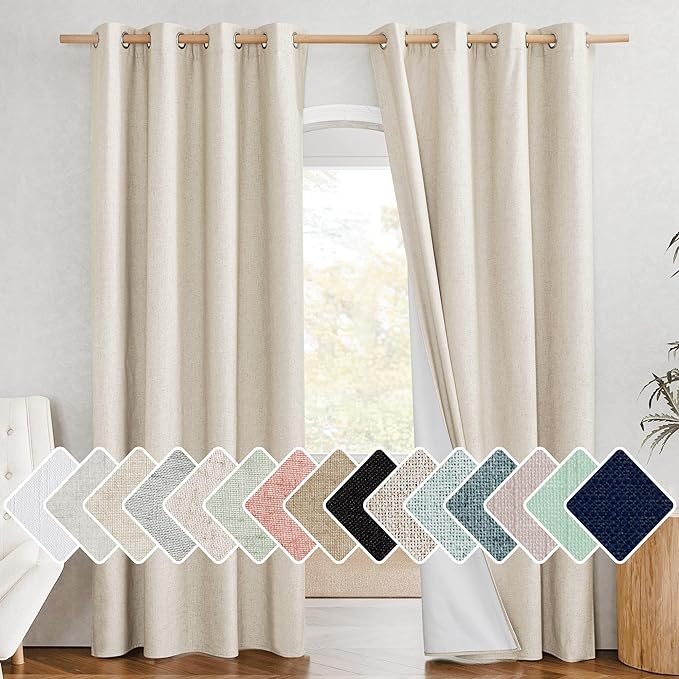NICETOWN 100% Absolutely Blackout Linen Curtains with Thermal Insulated White Liner, 52" Wide, 2 Panels, 84 inches Long Drapes, Grommet Retro Beige Linen Curtains Vertical Drapes Privacy for Bedroom