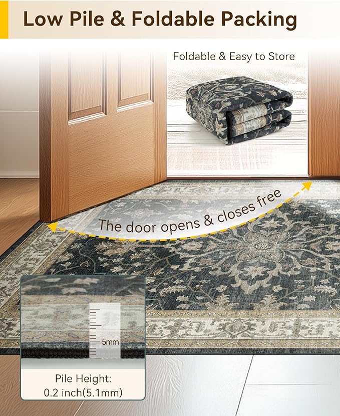 Area Rugs 8'x10' Washable Non-Slip, Floral Vintage Distress Print Pattern Medallion Carpet for Living Room Bedroom Dining Room, Vintage Black Brown Neutral