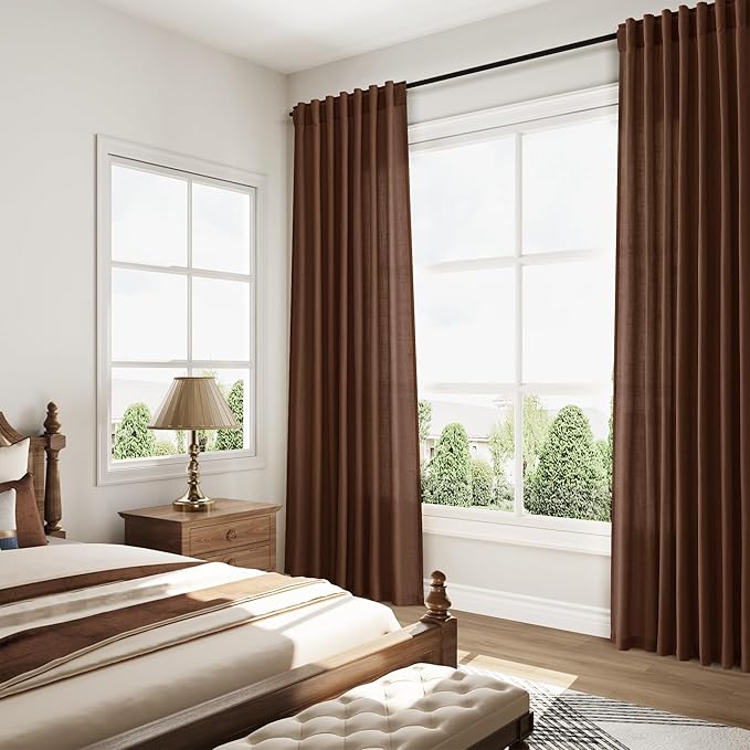 Mocha Brown Linen Curtains 63 Inches Long 2 Panel Sets for Living Room Bedroom Rod Pocket Back Tab Light Filtering Drape for Kitchen Window Short Protect Privacy Curtain Modern Farmhouse Decor 52x63