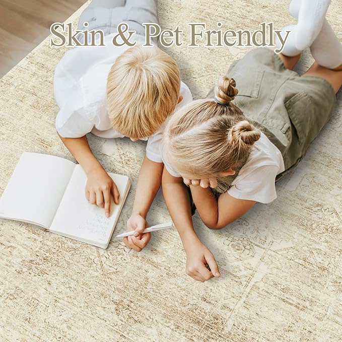 Washable Area Rug 9x12, Large Soft Rugs for Living Room Vintage Beige Rug 9x12 Area Rugs for Bedroom Dining Room Floral Non-Slip Thin Rug