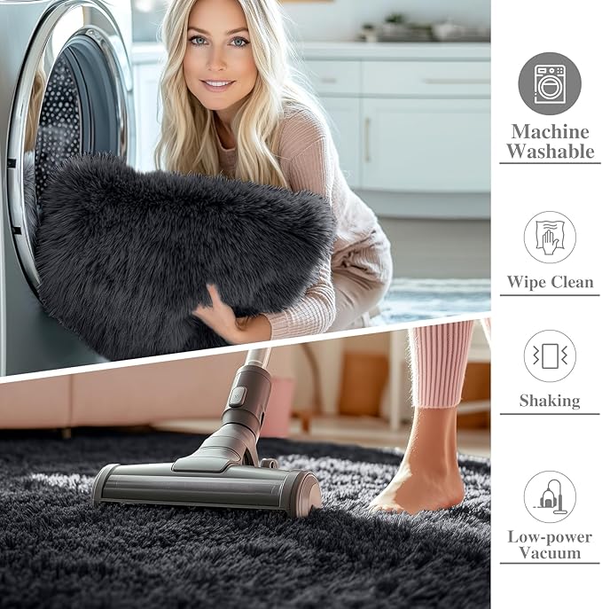 OLANLY 2x3 Machine Washable Small Bedside Rug, Soft Fluffy Shaggy Entryway Throw Rugs for Bedroom, Living Room, Indoor Floor Carpet for Kids Girls and Boys, Nursery Rooms, Home Decor Aesthetic, Black