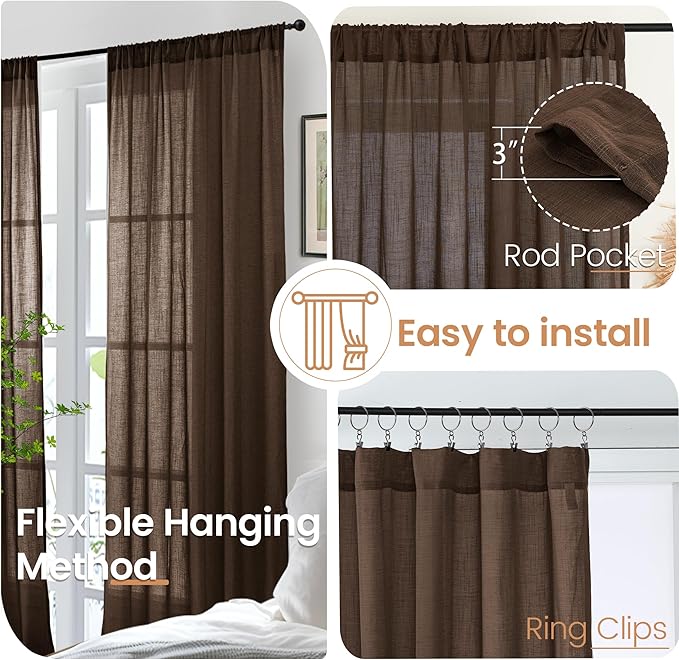 BGment Brown Linen Curtains 63 Inches Long for Bedroom Windows, Sheer Drapes Lightweight Rustic Country Textured for Farmhouse Living Room Decor Rod Pocket, 2 Panels Set, Each 42 Inch Wide