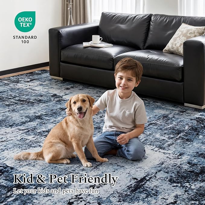Rugflix Round Area Rugs 6Ft for Living Room, 6x6 Washable Rug Stain-Resistant Low Pile, Modern Dark Carpet for Dining Room Home Office Kid Room Nursery Bedroom, Navy Blue/Black