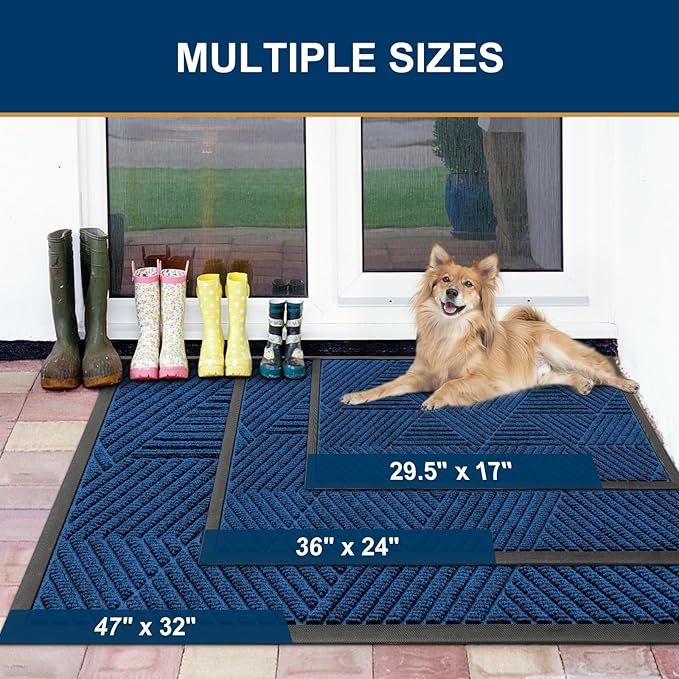 Smiry Front Door Mat Outside Entrance, Heavy Duty Sturdy Natural Rubber Doormat, Trap Dirt and Moisture, Easy Clean Low Profile Mats for Indoor Outdoor Entry, Irregular Triangle (29.5x17, Medium Blue)