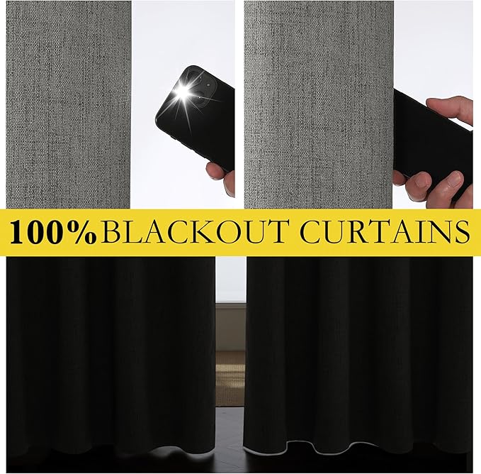 NICETOWN Grizzle Gray Vintage Linen 100% Blackout Curtains for Living Room, Thermal Insulated Curtains 102" Long, Noise Reducing Window Treatment Drapes for Hall Room, 52" Wide Per Panel, Set of 2