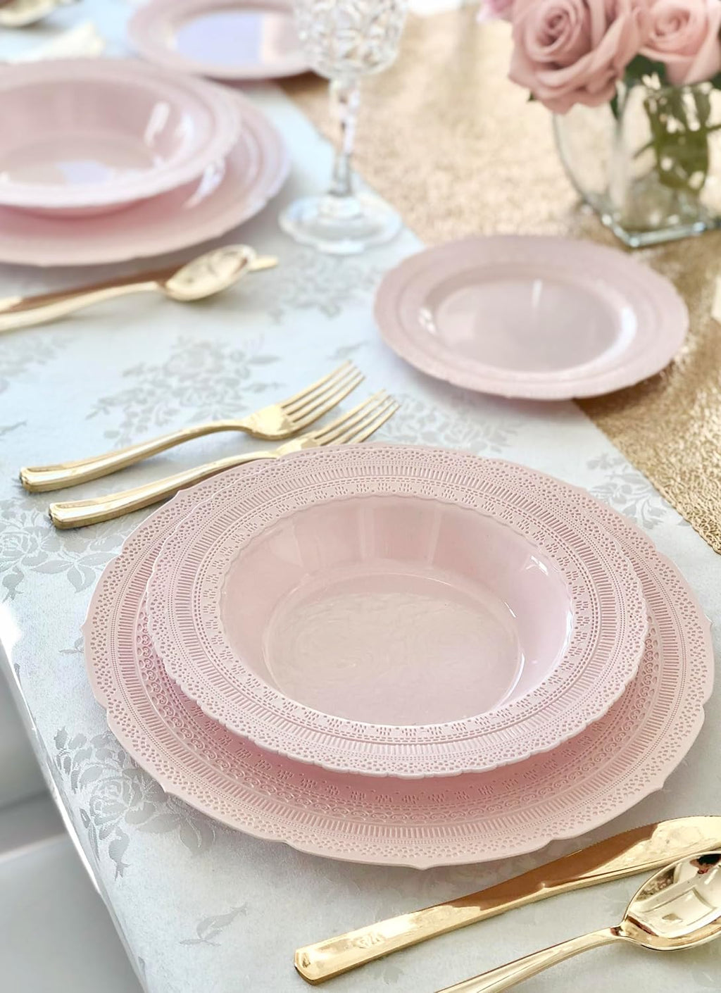 " OCCASIONS " 60 Plates Pack, Extra Heavyweight Vintage Wedding Party Disposable Plastic Plates (8.25'' Appetizer/dessert plate, Chateau in Blush/Dusty Rose Pink)
