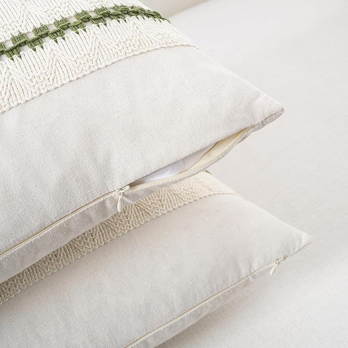 Fancy Homi Set of 1 Boho Moss Green Decorative Throw Pillow Cover 20x20 Inch for Couch Bed Sofa, Aesthetic Modern Organic Farmhouse Home Decor, Soft Cotton Cute Accent Macrame Woven Cushion Case