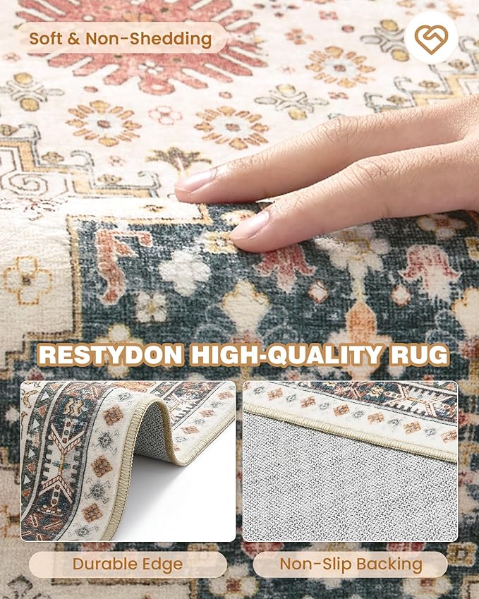 Runner Rug 2x10, Ultra-Thin Kitchen Rugs Non Slip Washable Rugs for Entryway Rug, Kitchen Runner Low Pile Vintage Soft Carpets for Living Room, Bathroom Bedroom (Blue/Red/Multi,2'x10')