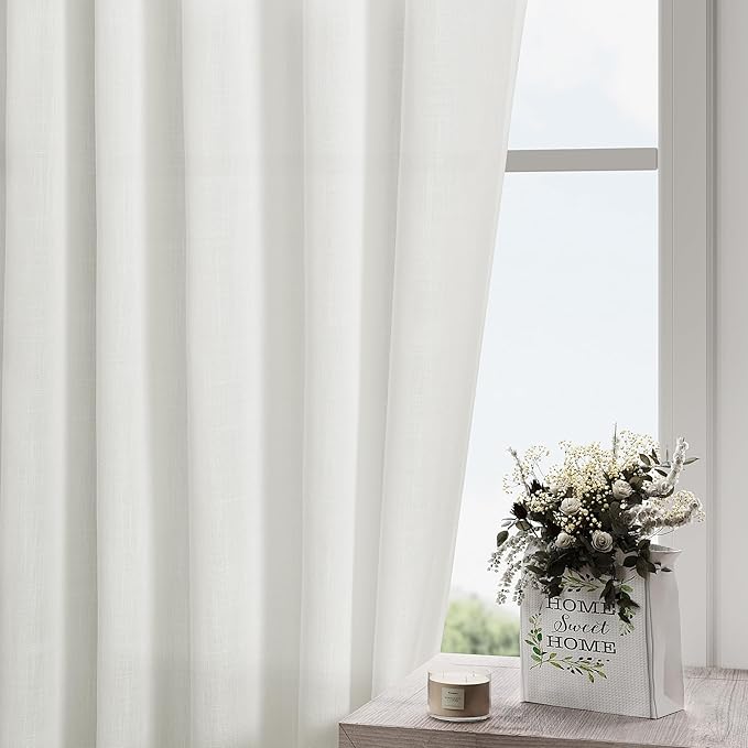 Solid Off White Curtains 96 Inches Long 2 Panels Back Tab Sheer Linen Curtain Modern Farmhouse Coastal Decor White Cotton Textured Gauze Curtains 96 inch Length for Patio Sliding Door Office Bedroom