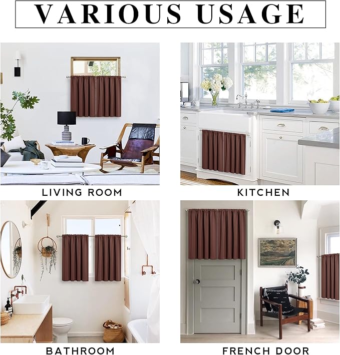 RYB HOME Short Blackout Curtains for Small Window, Sunmmer Heat Light Blocking Privacy Protection Curtains for Sunroom Laundry Room Stair Window, Width 52 by Length 36, Chocolate Brown, Set of 2