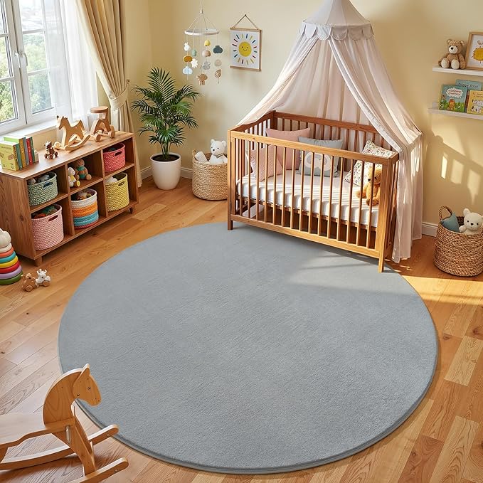 Amearea Grey Round Area Rugs 6ft Washable Circle Rugs for Bedroom Living Room, Fluffy Indoor Thickened Memory Foam Rug, Non Slip Minimalist Circular Carpet for Kids Boys Girls Dorm Nursery Room Decor