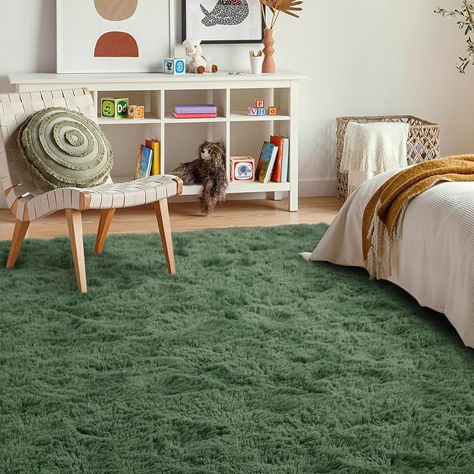 4x6 Ft Shag Green Area Rug for Bedroom Living Room, Ultra Soft Fluffy Furry Rugs for Indoor Floor, Aesthetic Carpet for Kids Home Decor