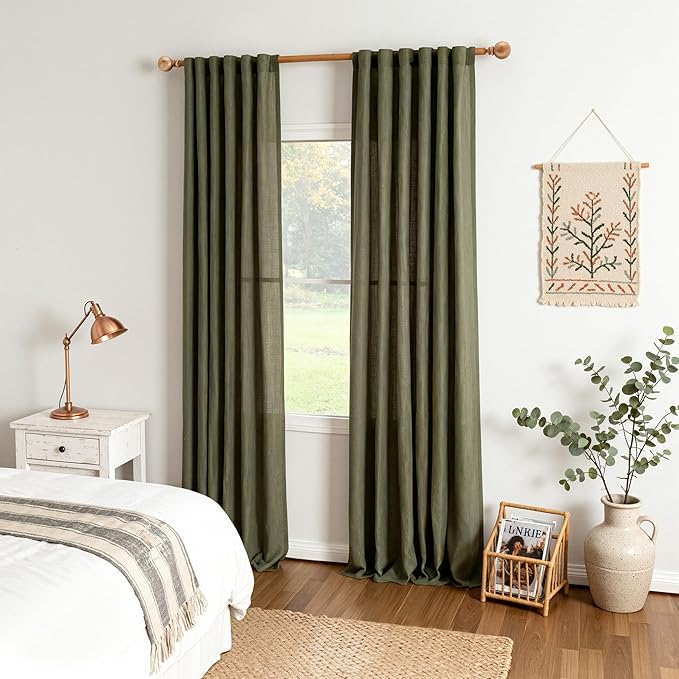 MYSKY HOME 95 Inch Semi Sheer Sliding Door Curtains Farmhouse Light Filtering Window Curtain Drapes for Patio Living Room, Linen Look Texture Fabric Bohemian Draperies, 50x95, Olive Green, 2 Panels