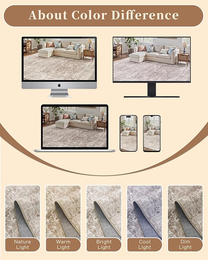 Madane Rug Runner for Hallways 2.5x8, Washable Kitchen Runner Rugs with Non Slip Backing, Soft Floral Print 2'6''x8 Carpet Runners for Laundry Room, Bedroom, Brown/Sand