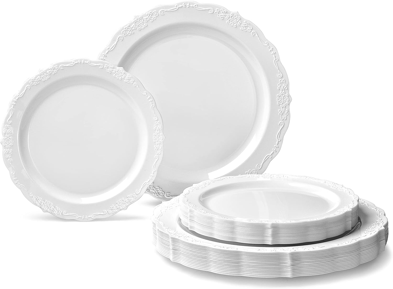 " OCCASIONS " 50 Plates Pack (25 Guests)-Vintage Wedding Party Disposable Plastic Plate Set -25 x 10'' Dinner + 25 x 7.5'' Salad/Dessert plates (Verona in White)