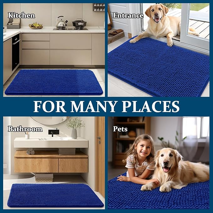 OLANLY Dog Door Mat for Muddy Paws 47x17, Absorbs Moisture and Dirt, Absorbent Non-Slip Washable Doormat, Quick Dry Chenille Mud Mat for Dogs, Entry Indoor Entryway Carpet for Inside Floor, Royal Blue