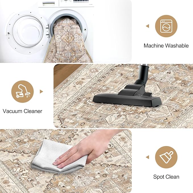 Yamaziot Washable Runner Rug, 2x8 Non-Slip Boho Vintage Hallway Rug Runner with Rubber Backing, Stain Resistant & Low Pile Faux Wool Distressed Carpet Runner for Bedroom, Kitchen, Laundry, Entrance